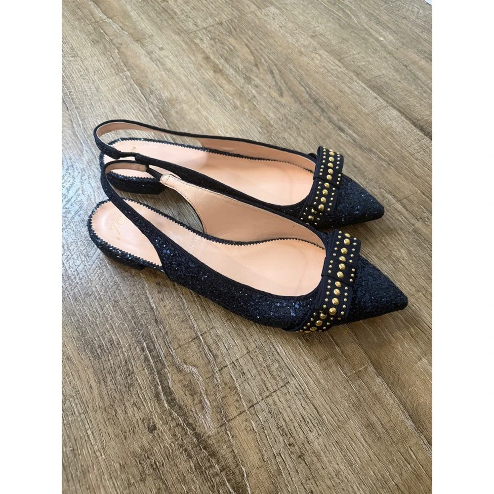 J.Crew Navy Blue Glitter Slingback Flats Studded Bow Pointed Toe Size 12